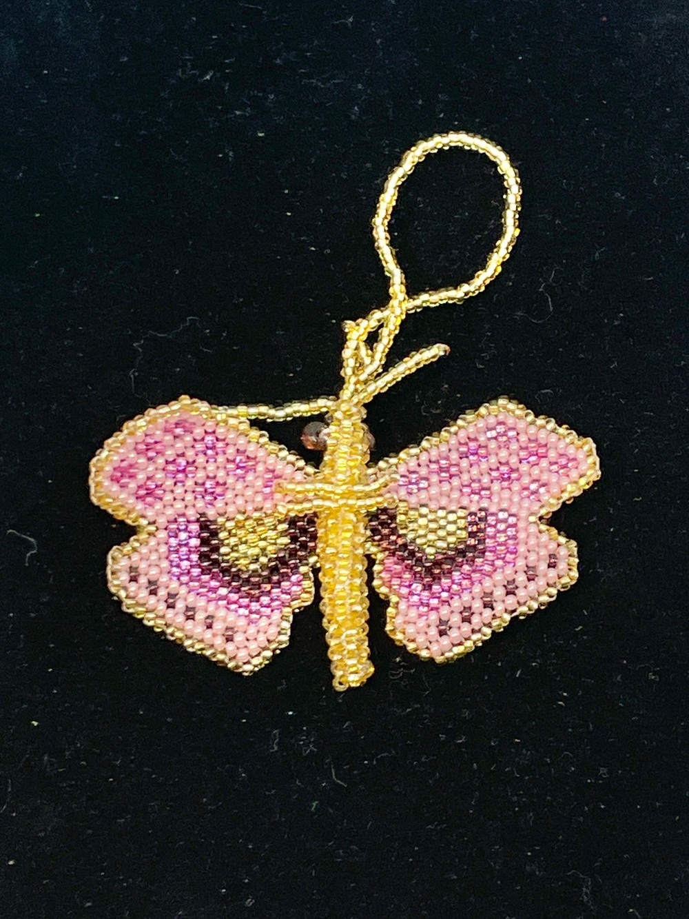 Vintage Seed Bead Butterfly Ornament Christmas 3.5” x 4” gold Pink Burgundy